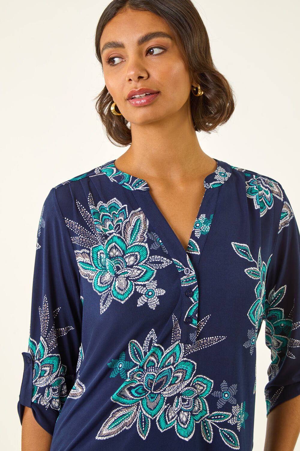 Turquoise Floral Puff Print Stretch Shirt, Image 5 of 5