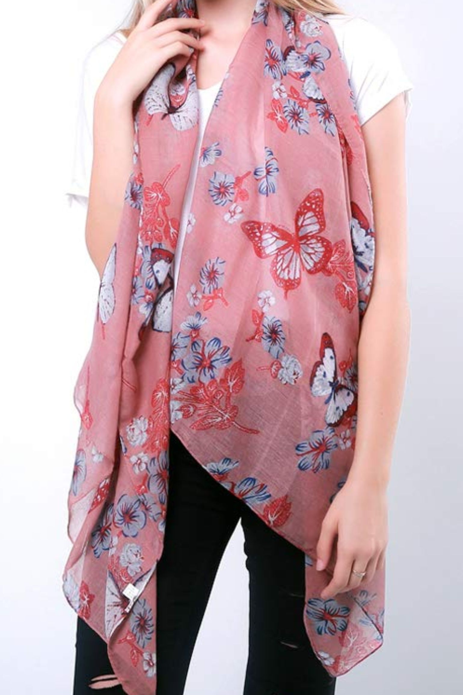 Light Pink Large Butterfly Print Lightweight Scarf, Image 2 of 2