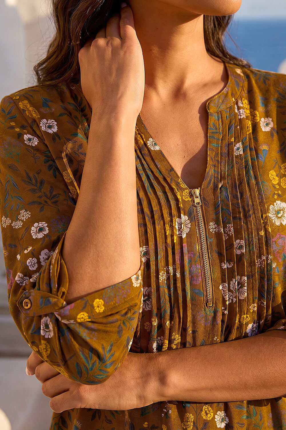 Ochre Textured Floral Pintuck Tunic Top, Image 5 of 4