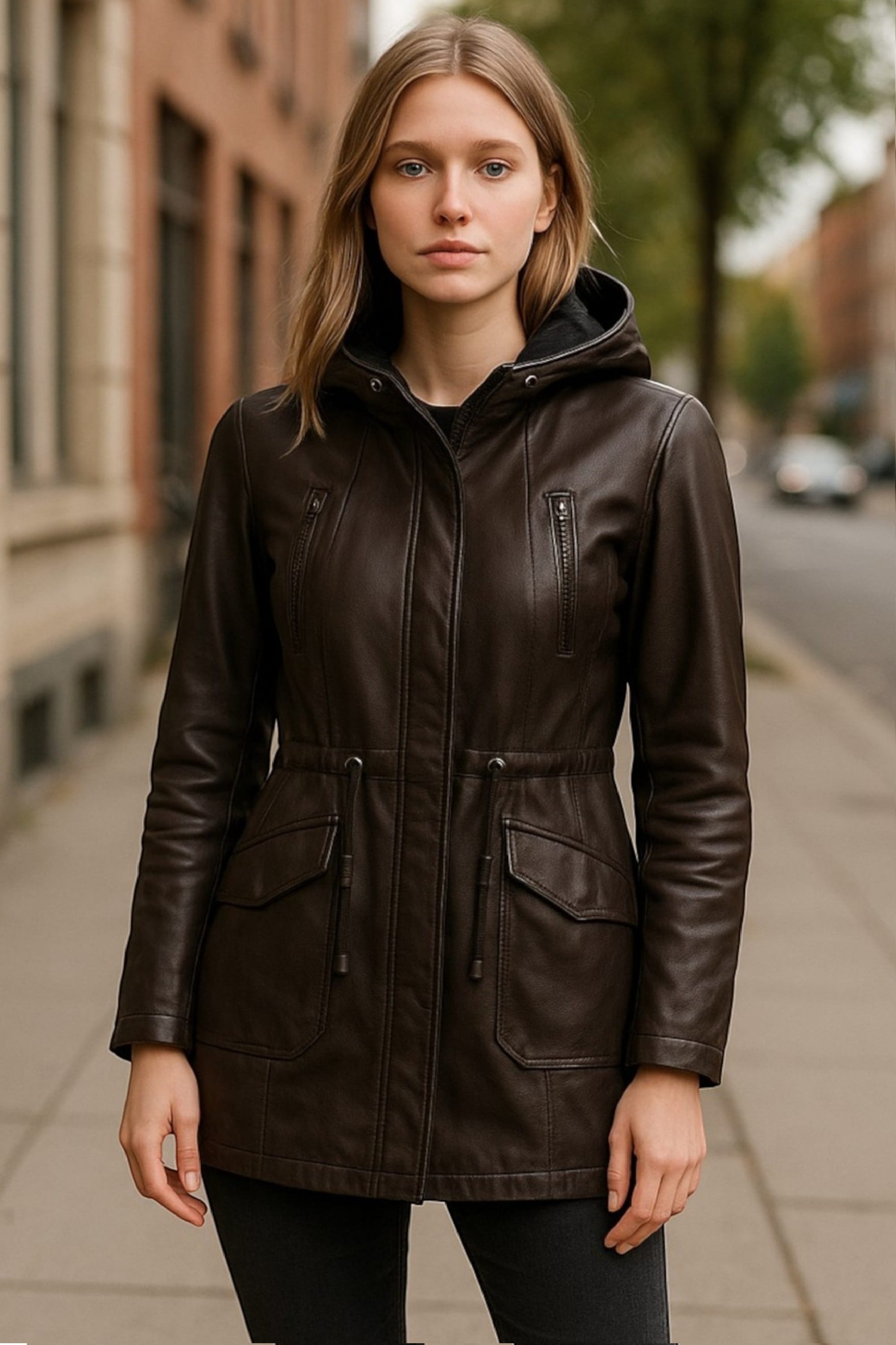 Brown Leather Hooded Parka Jacket-Clare, Image 1 of 6
