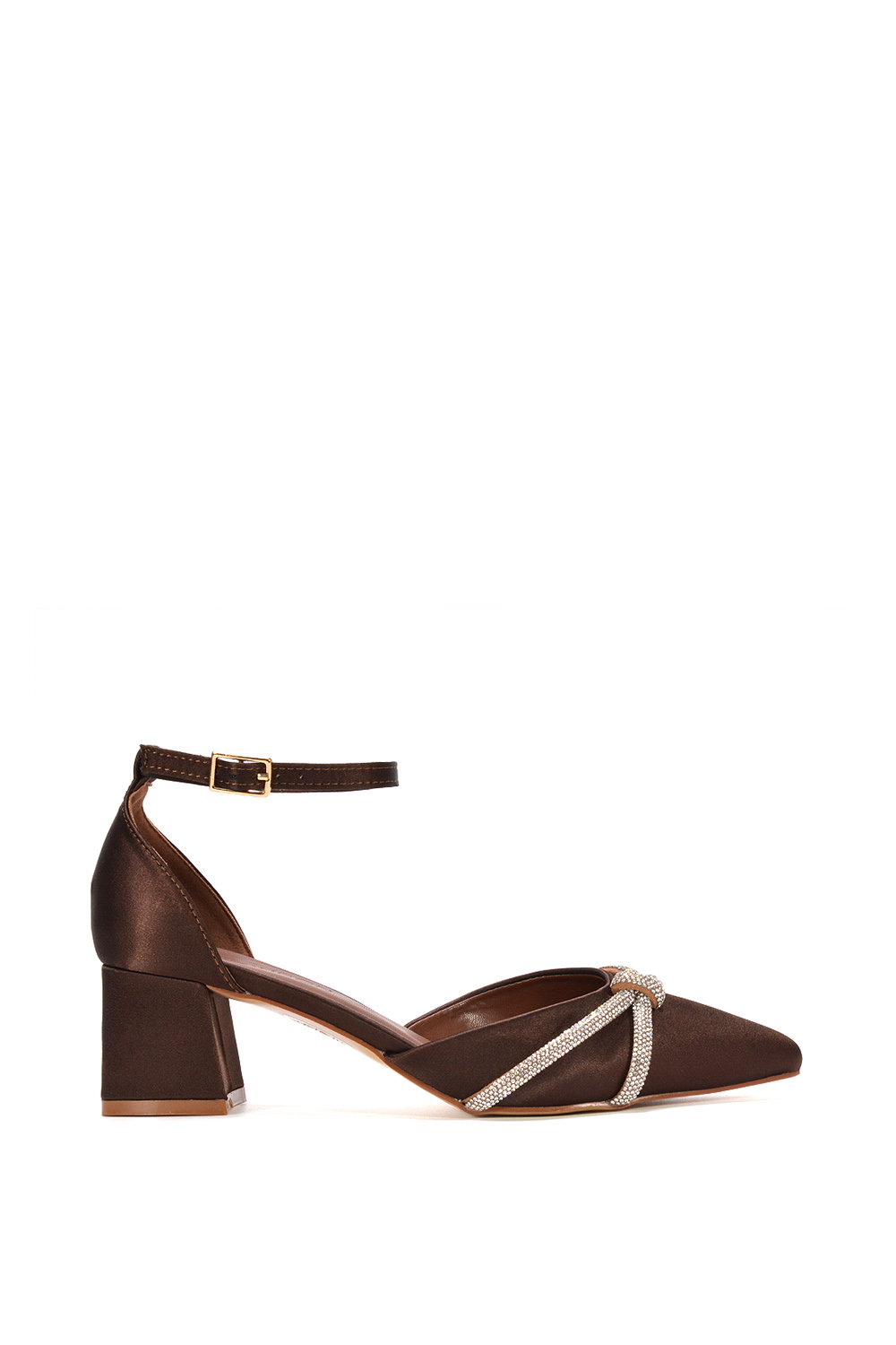 Black 'Sarah' Ankle Strap Pointed Toe Diamante Mid Block Heels