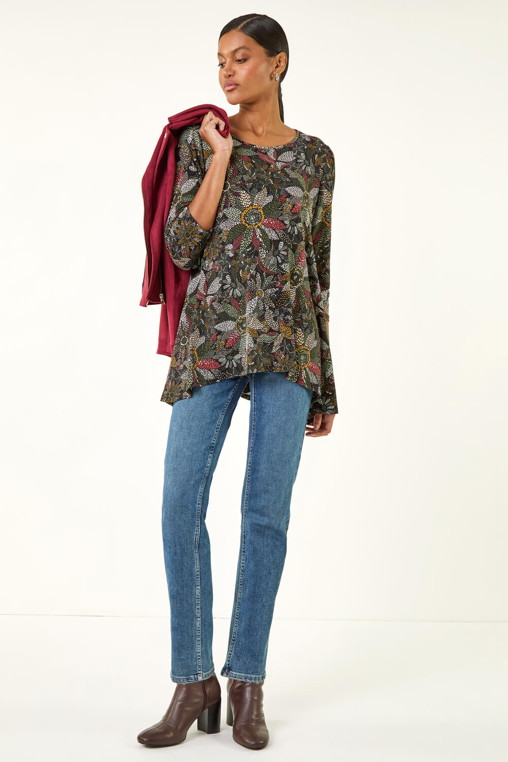Roman Women's Green Floral Puff Print Stretch Shirt Size 18