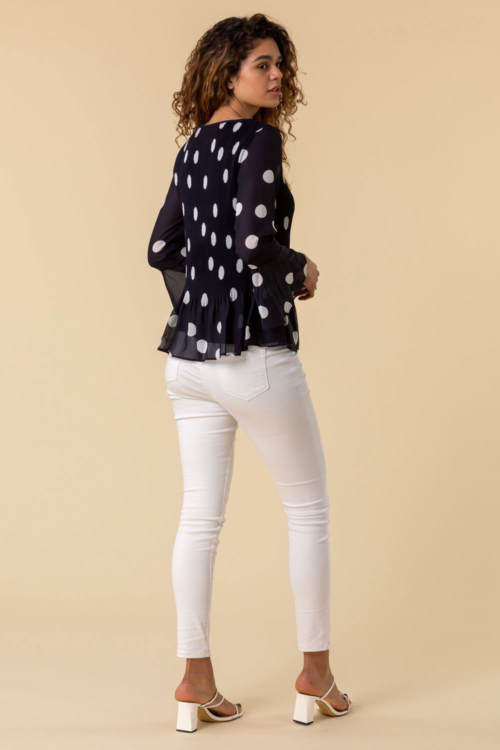 Navy Spot Flute Sleeve Pleated Top, Image 3 of 4