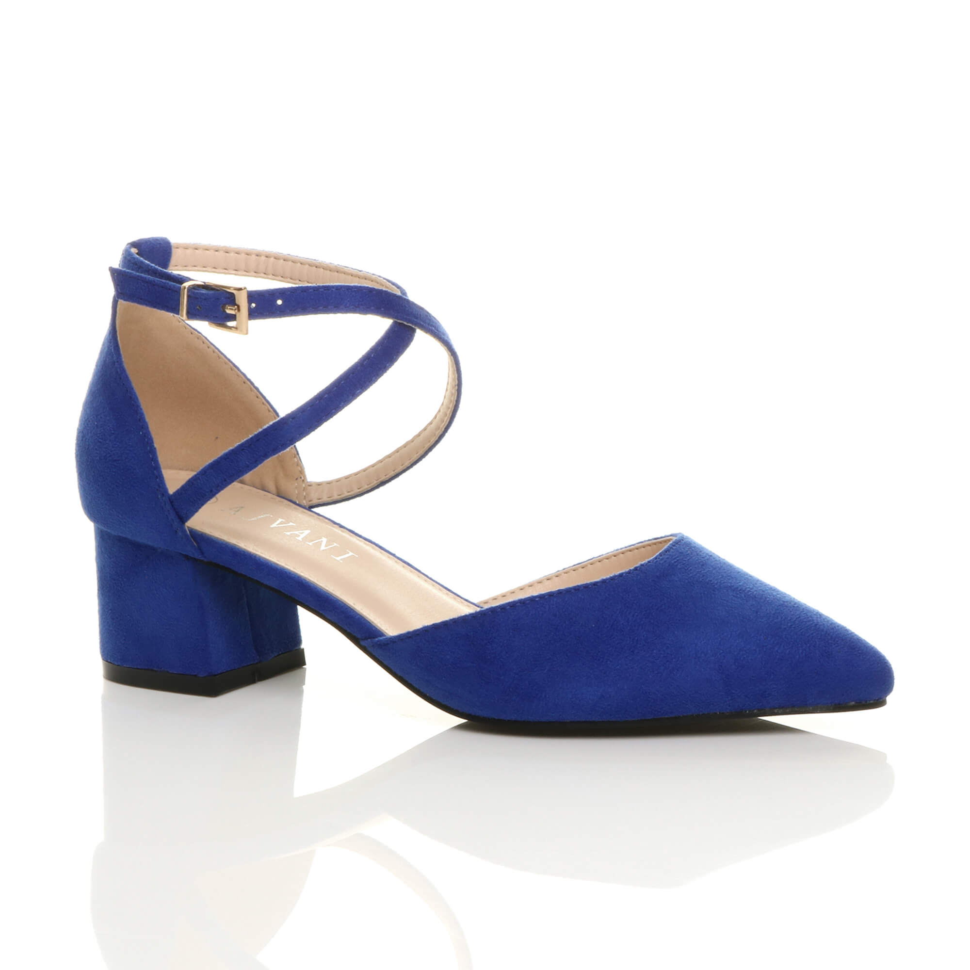 Royal Blue AJVANI Royal Blue Mid Block Heel Crossed Strap Pointed Toe 2 Part Heels, Image 1 of 6