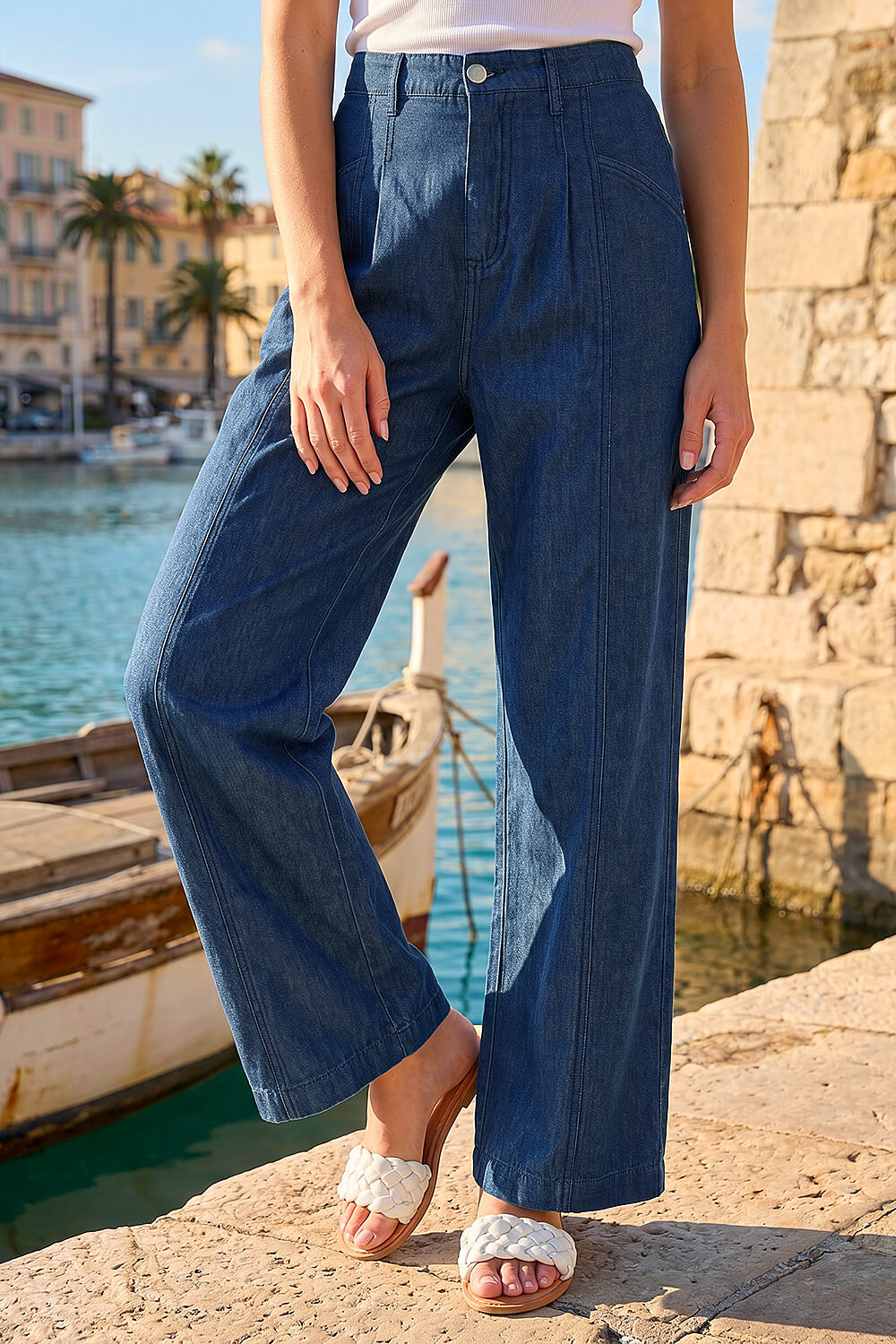 Indigo Petite Stitch Pocket Wide Leg Jeans, Image 1 of 4