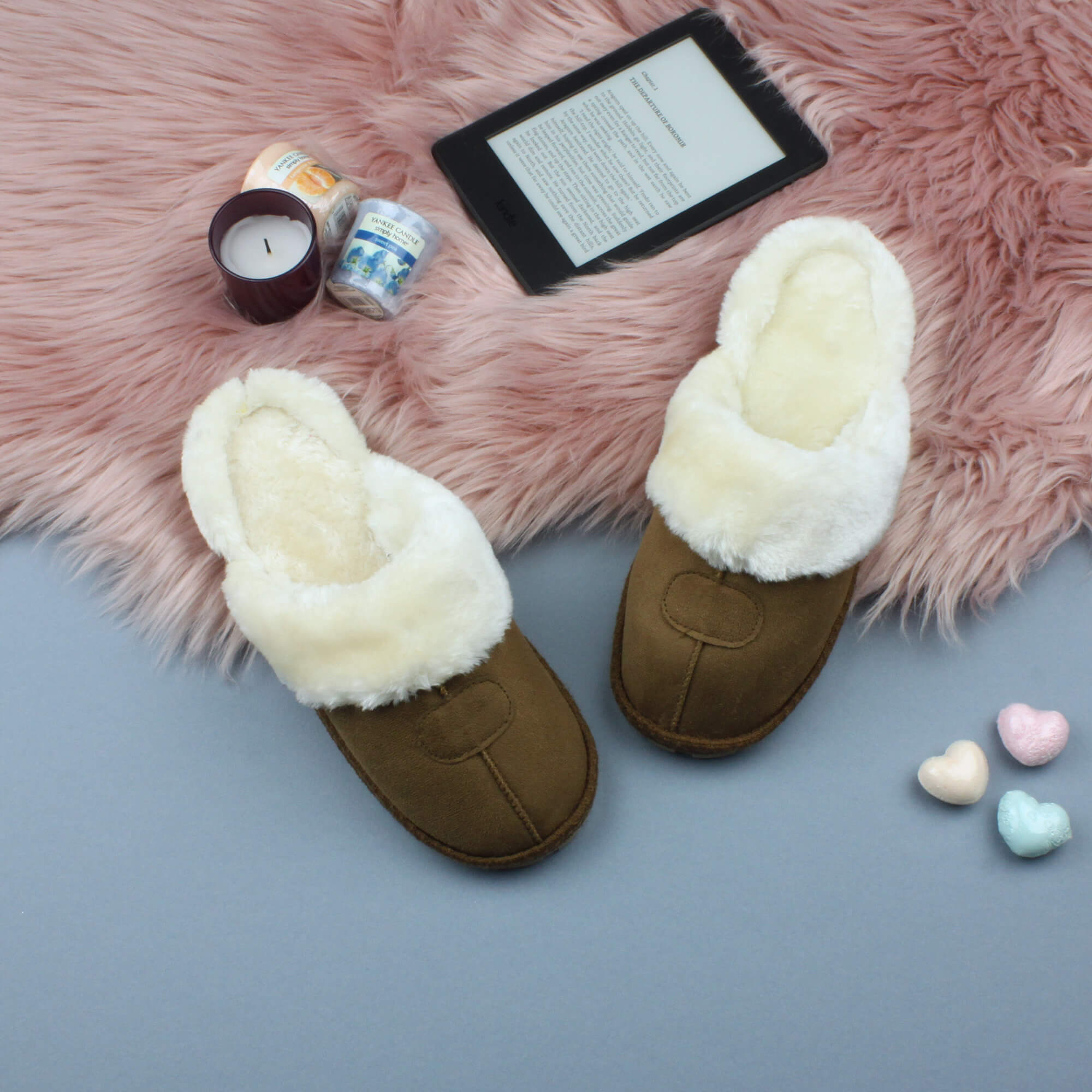 Tan AJVANI Tan Faux Fur Lined Slip On Memory Foam Mules Slippers, Image 3 of 5