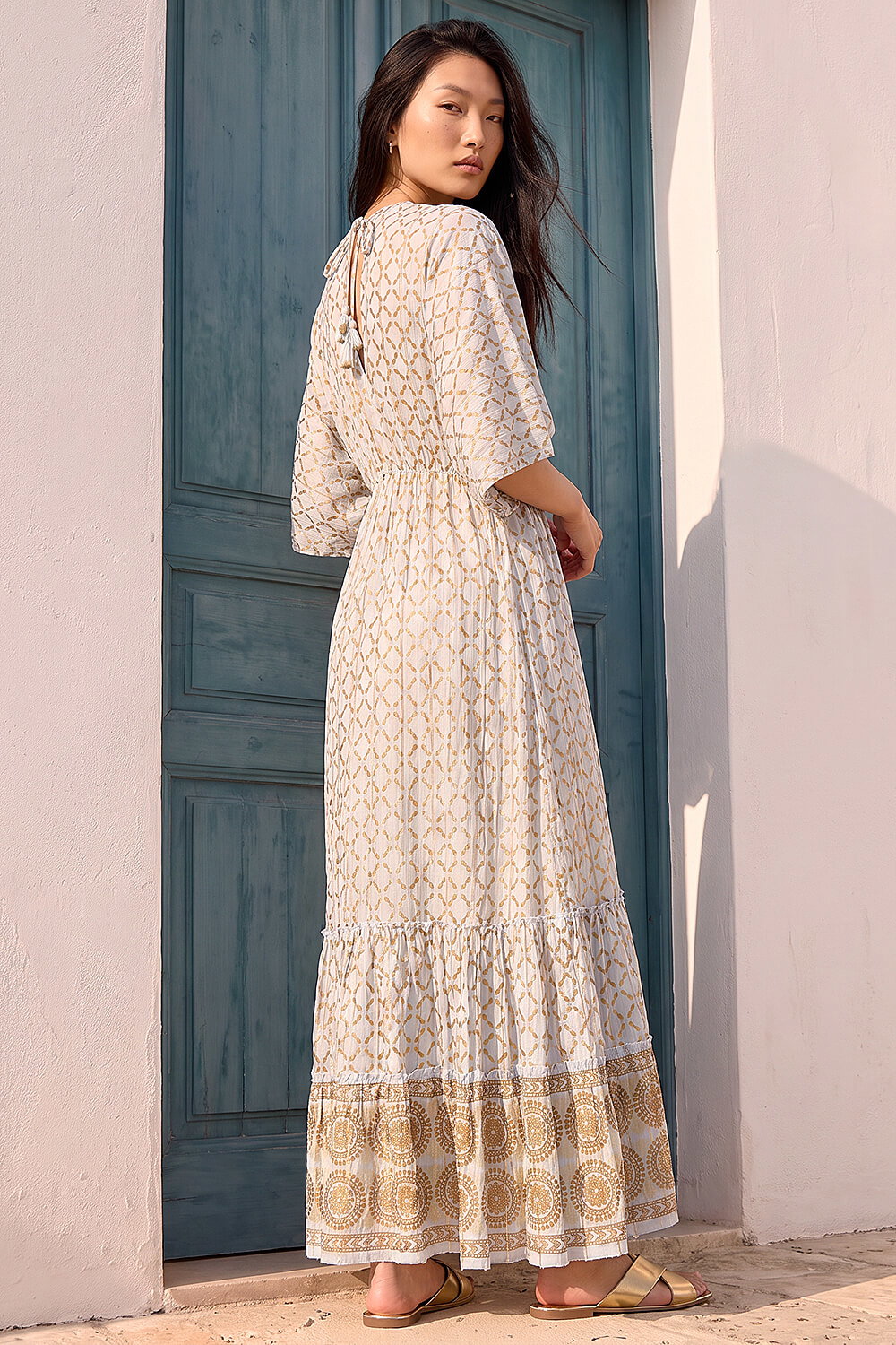 Light Blue Shimmer Boho Border Maxi Dress