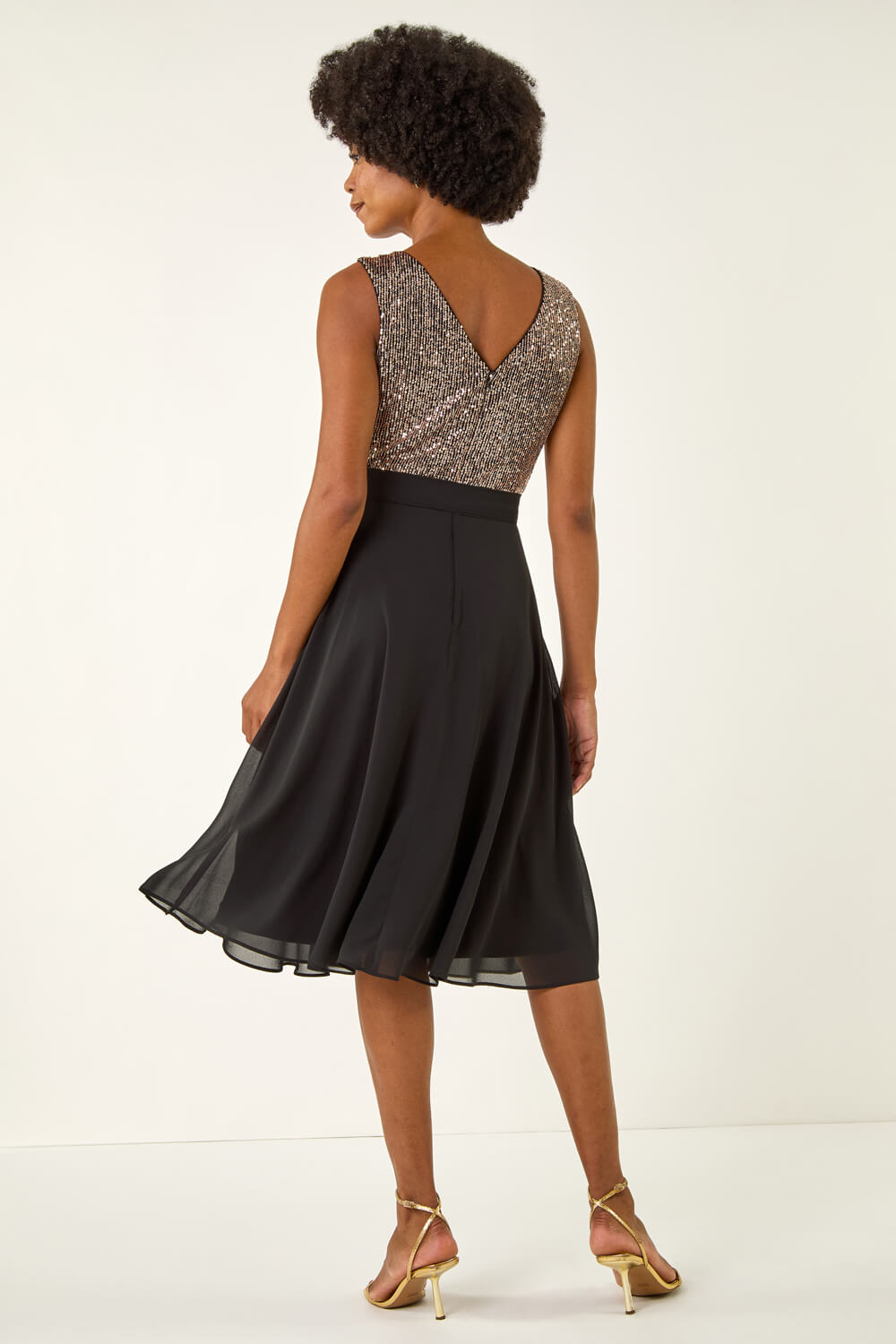 Gold Sequin Bodice Belted Chiffon Dress, Image 4 of 5