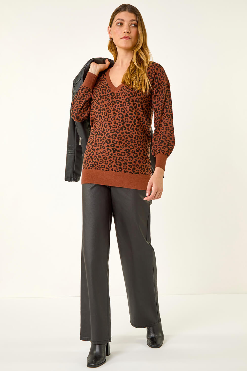 Brown Animal Print V-Neck Boyfriend Jumper, Image 3 of 5
