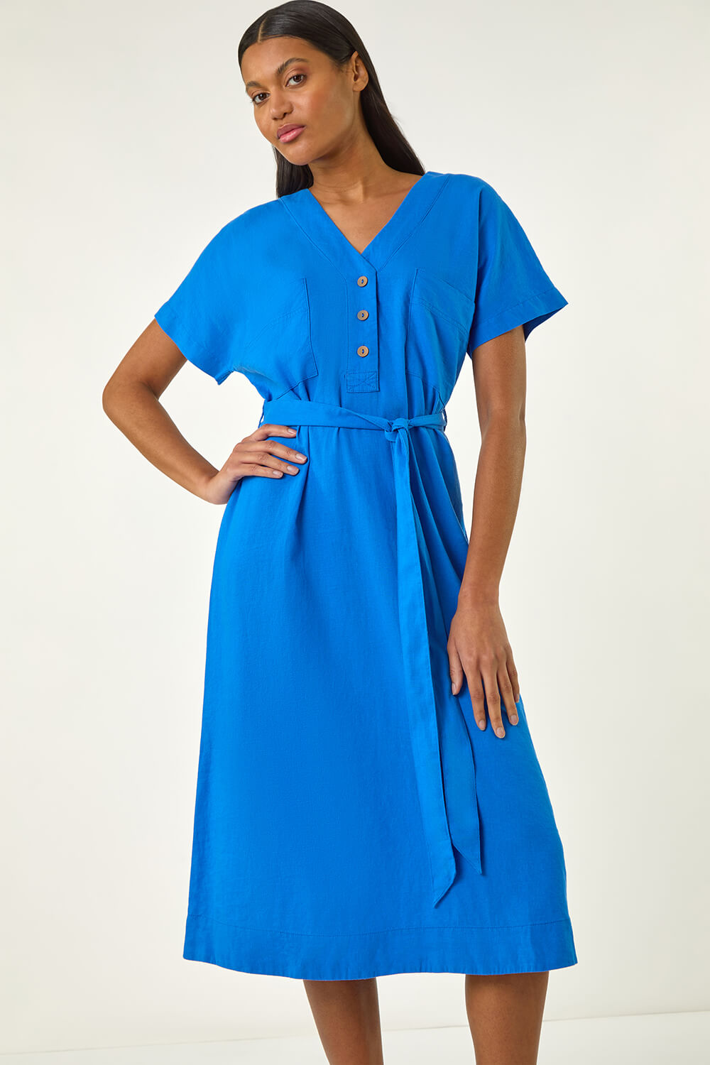 Royal Blue Button Linen Mix Midi Dress | Roman UK