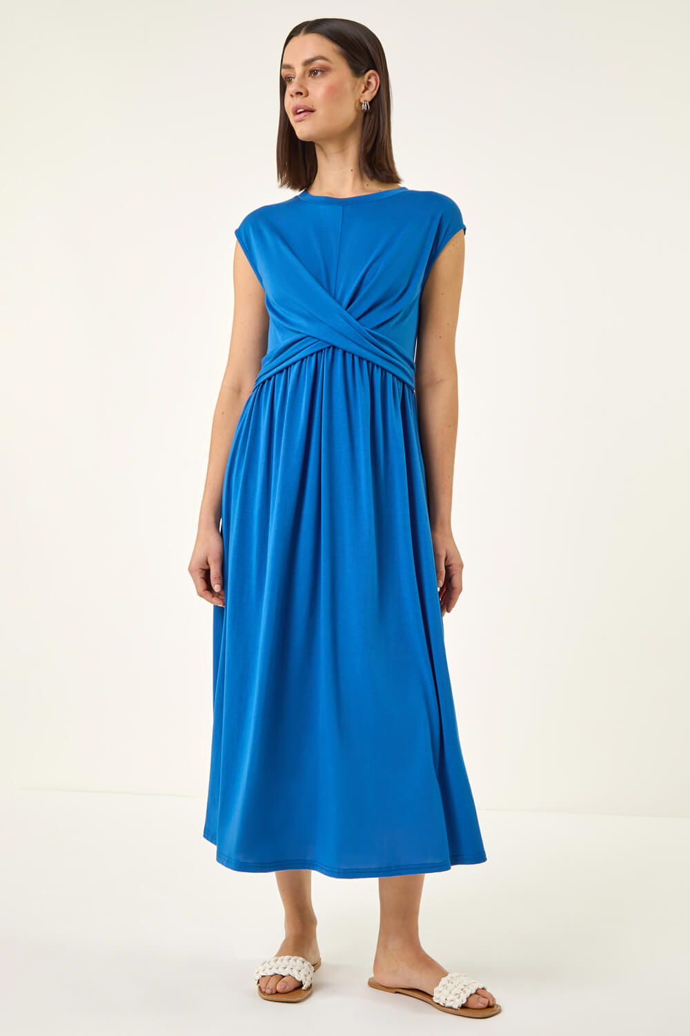 Blue Crossover Front Stretch Midi Dress | Roman UK Blue Crossover Front Stretch Midi Dress | Roman UK
