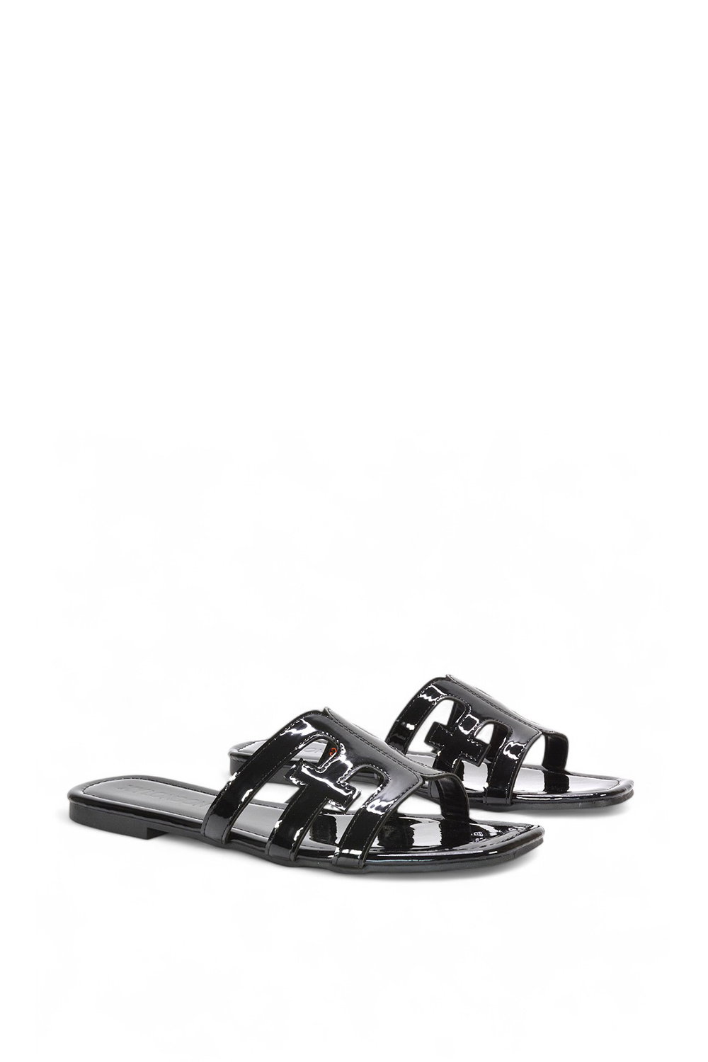 Black XY LONDON Black 'Ellie' Square Toe Cut Out Strap Flat Sandal Slides, Image 3 of 5