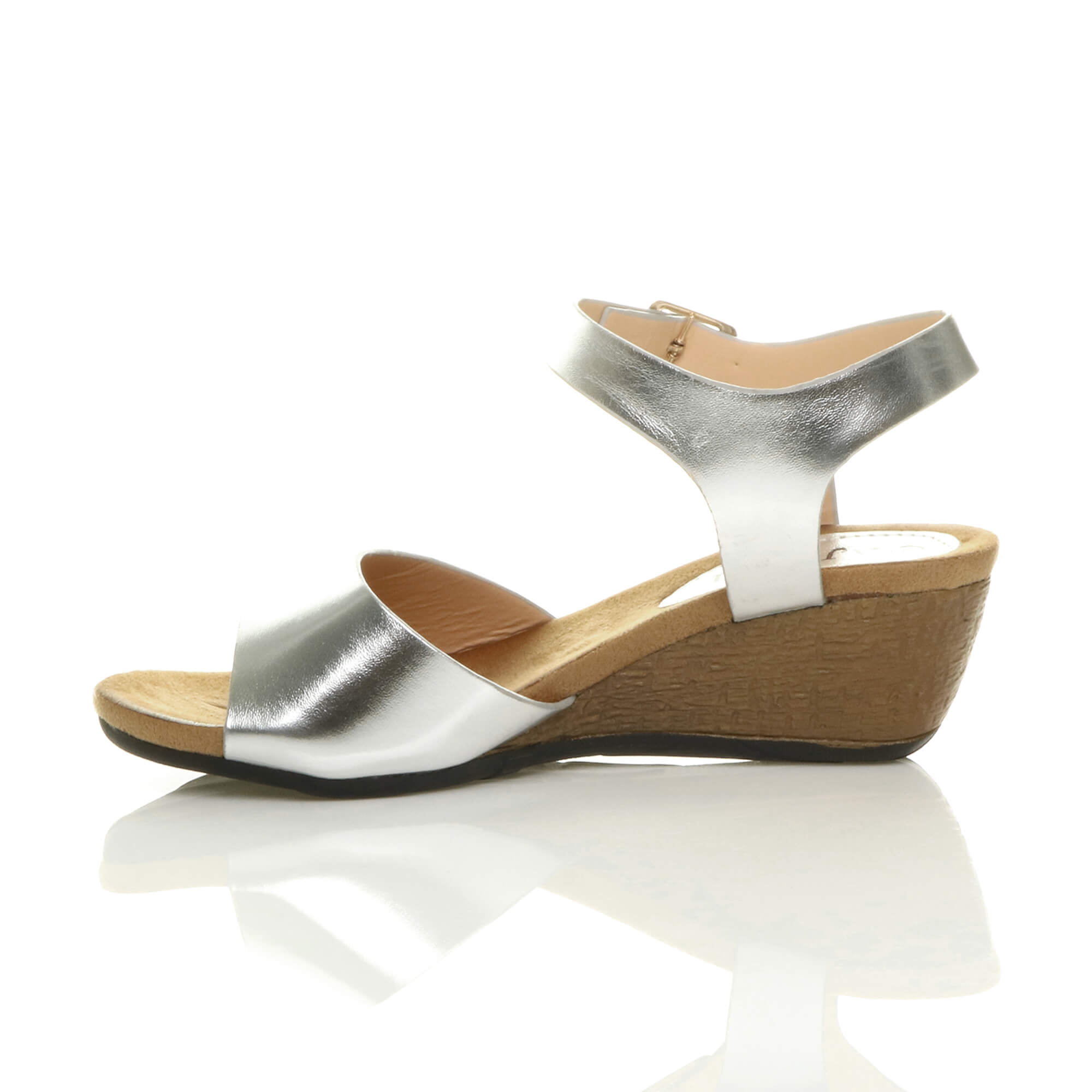 Silver Low Wedge Heel Buckle Sandals, Image 3 of 7