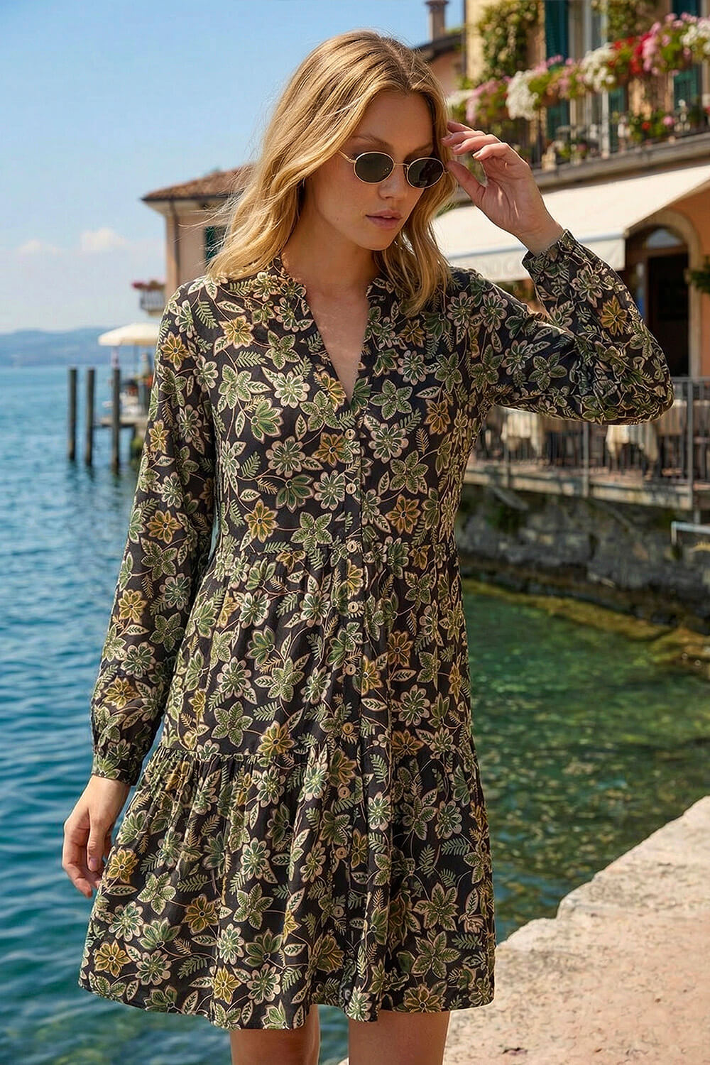 Green Floral Print Button Stretch Dress, Image 3 of 4