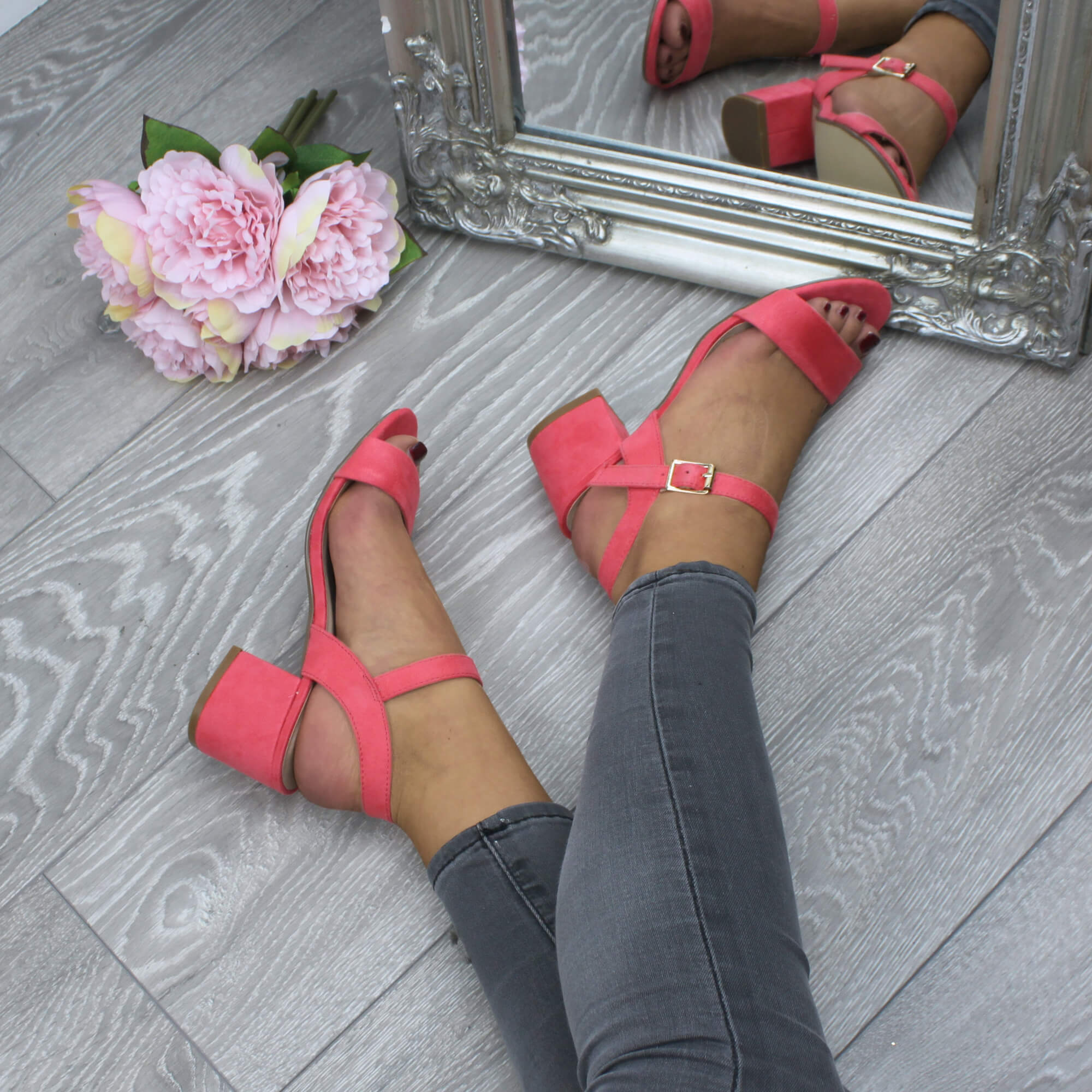 Coral AJVANI Coral Mid Block Heel Strappy Sandals, Image 5 of 6