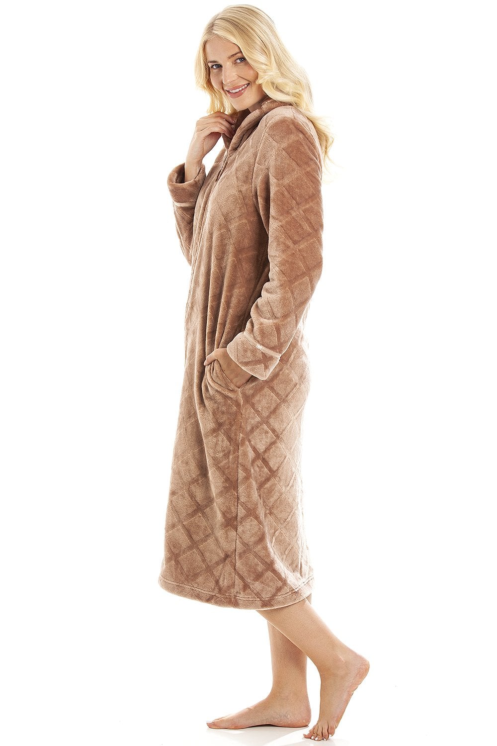 Brown Full Length Zip Housecoat With Inseam Pockets, Image 4 of 5
