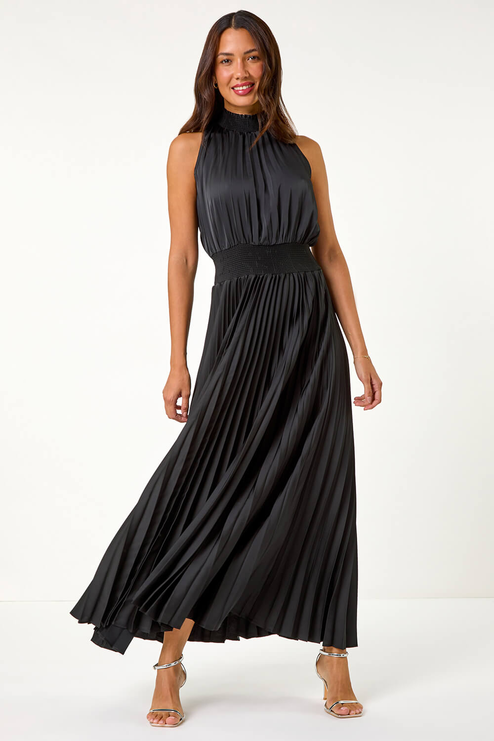Black Pleated Shirred Halterneck Dress, Image 3 of 5