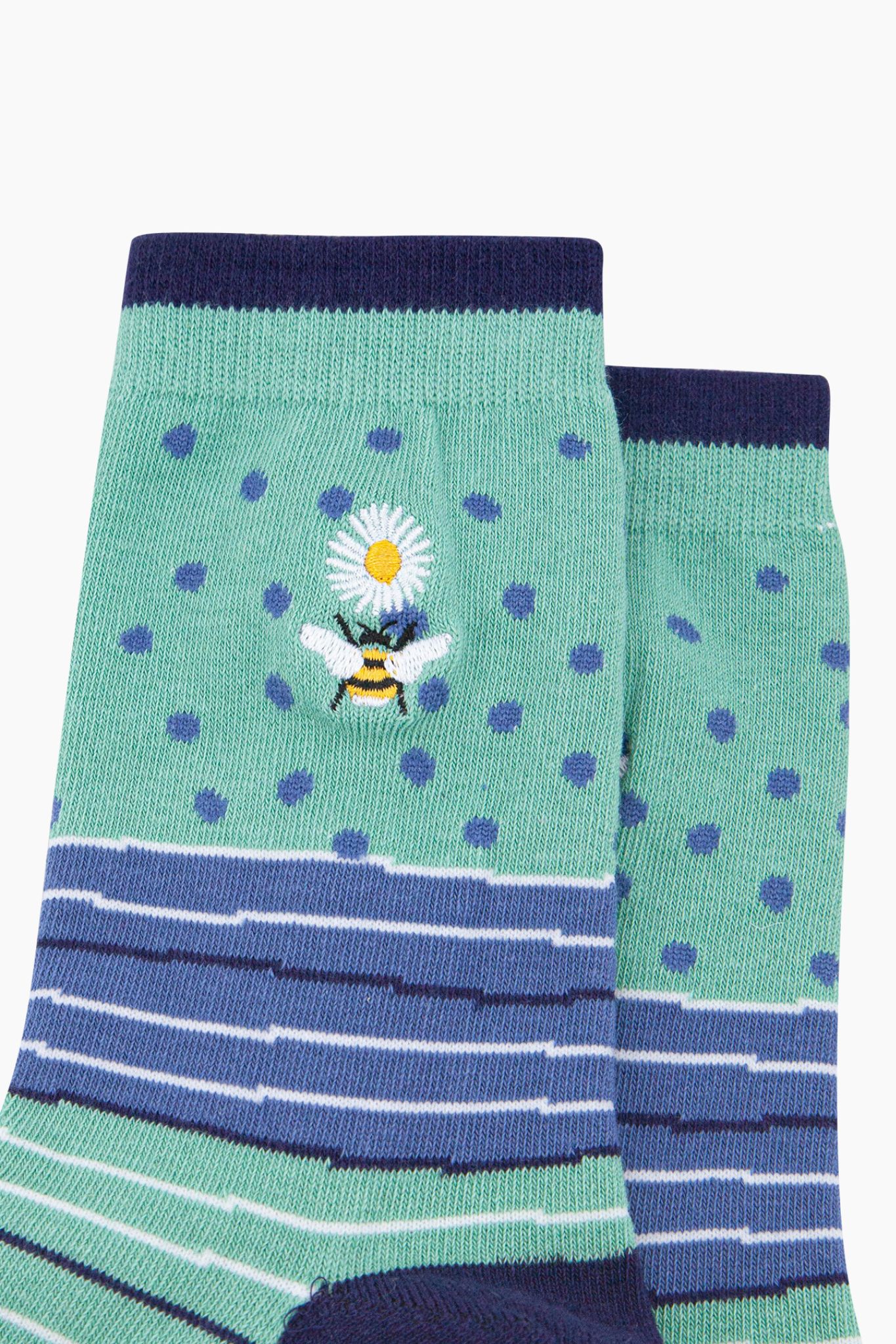Green Embroidered Bee Daisy Combed Cotton Socks, Image 2 of 4