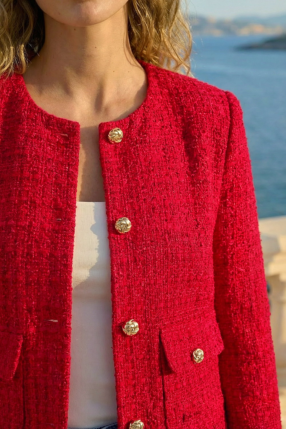 Red Collarless Boucle Jacket, Image 5 of 4