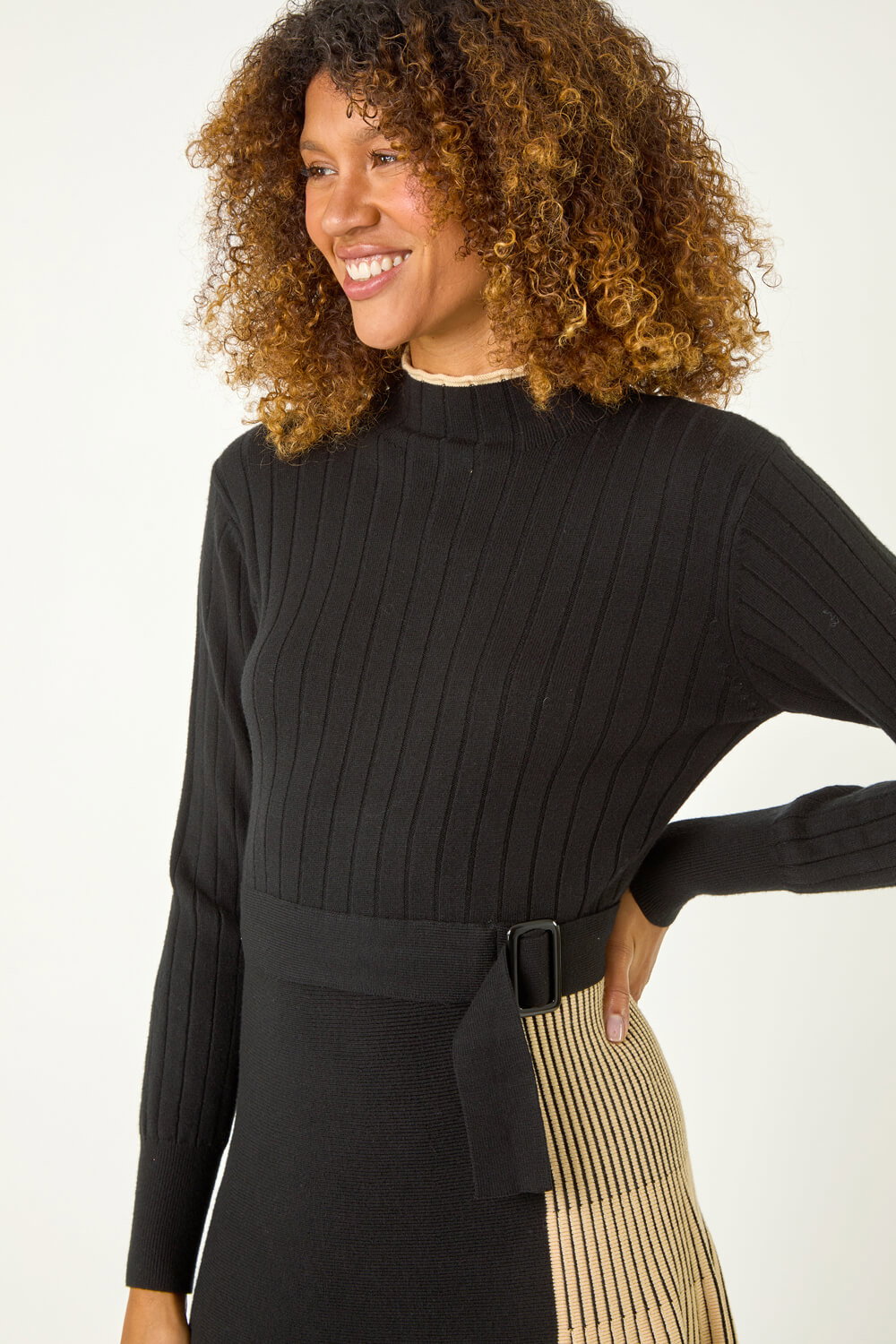 Camel Contrast Panel Belt Knitted Dress, Image 5 of 5