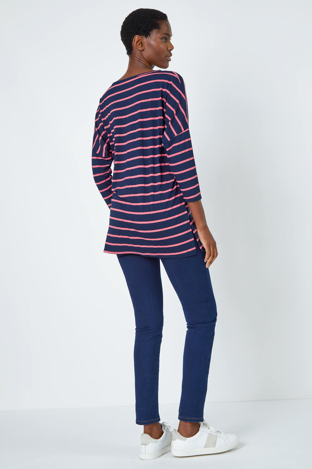 Navy  Stripe Print Stretch Tunic Top, Image 4 of 5