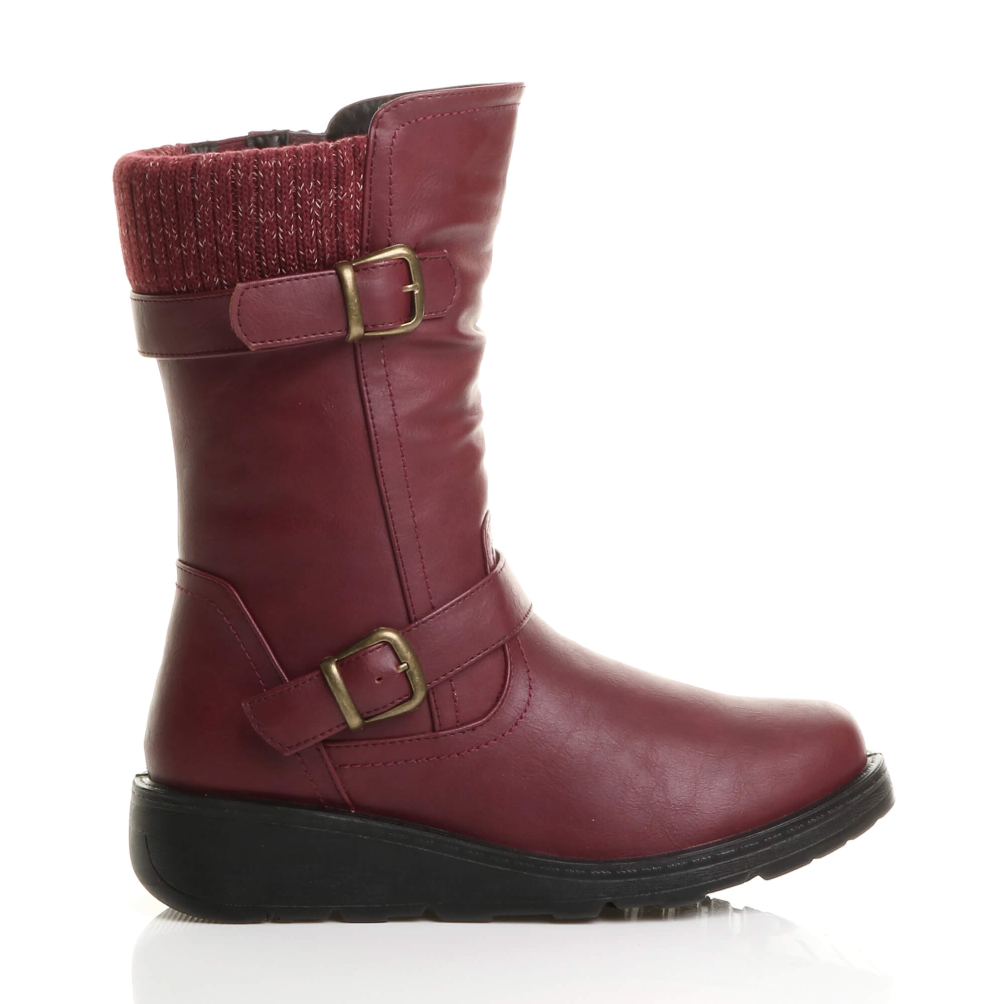 Burgundy AJVANI Burgundy Low Wedge Heel Comfort Calf Biker Boots, Image 2 of 6