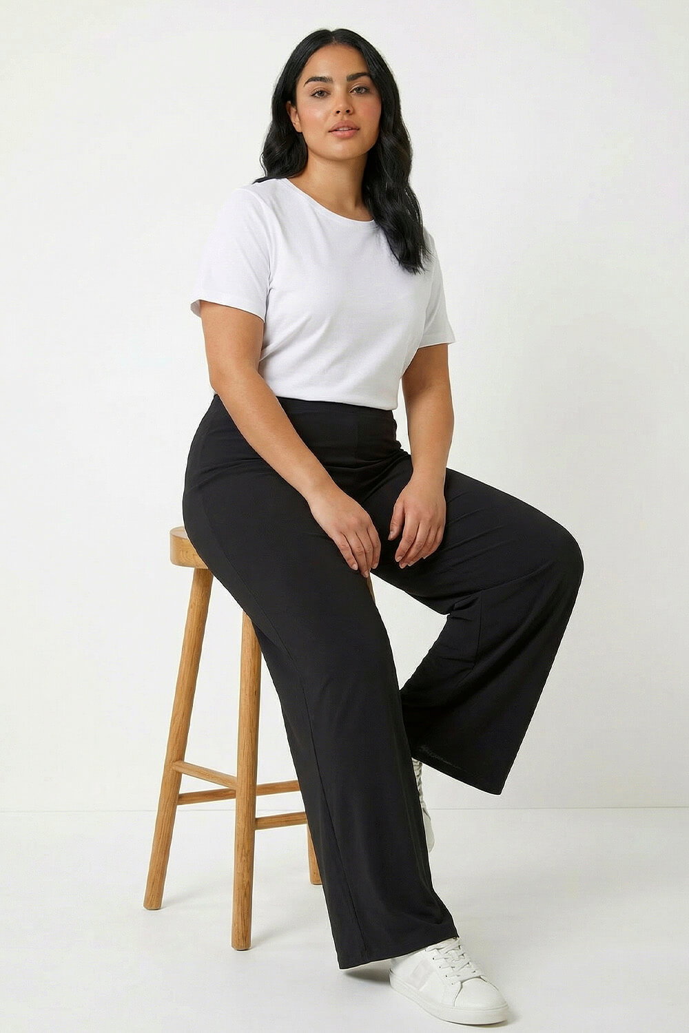 Black Curve Elastic Waist Wide Leg Trousers, Image 4 of 7