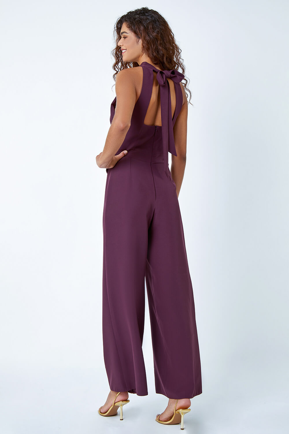 Shimmering Halter Style Drape Neck Wide Leg Jumpsuit