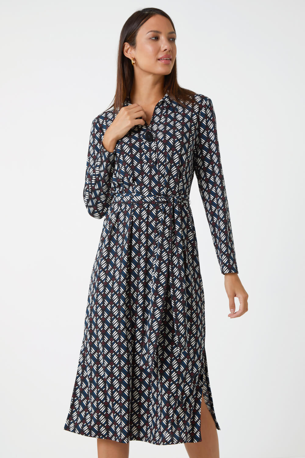 Teal Geometric Print Midi Stretch Dress, Image 3 of 5