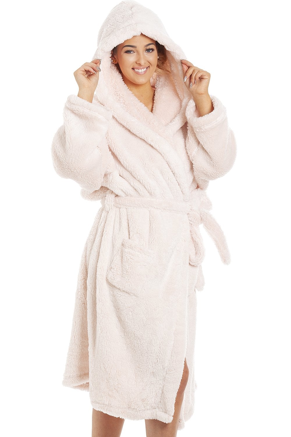 Light Pink Camille Lingerie Light Pink Supersoft Fleece Hooded Bathrobe, Image 4 of 4