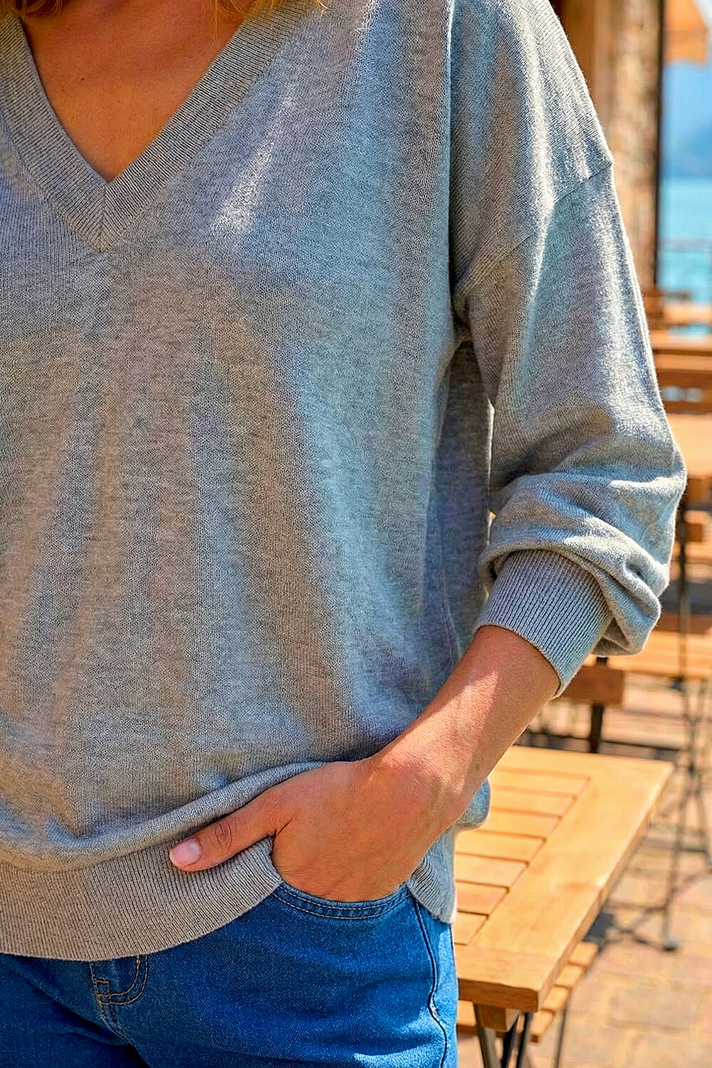 Grey Plain V-Neck Stretch Longline Jumper, Image 5 of 4