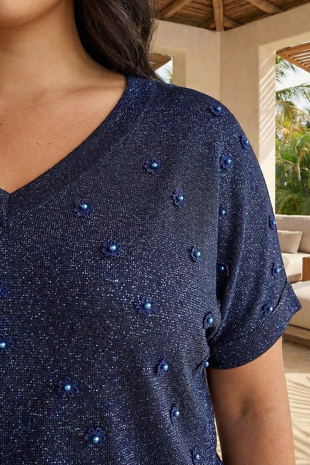Navy Curve Faux Pearl Embellished Knit Top, Image 5 of 4