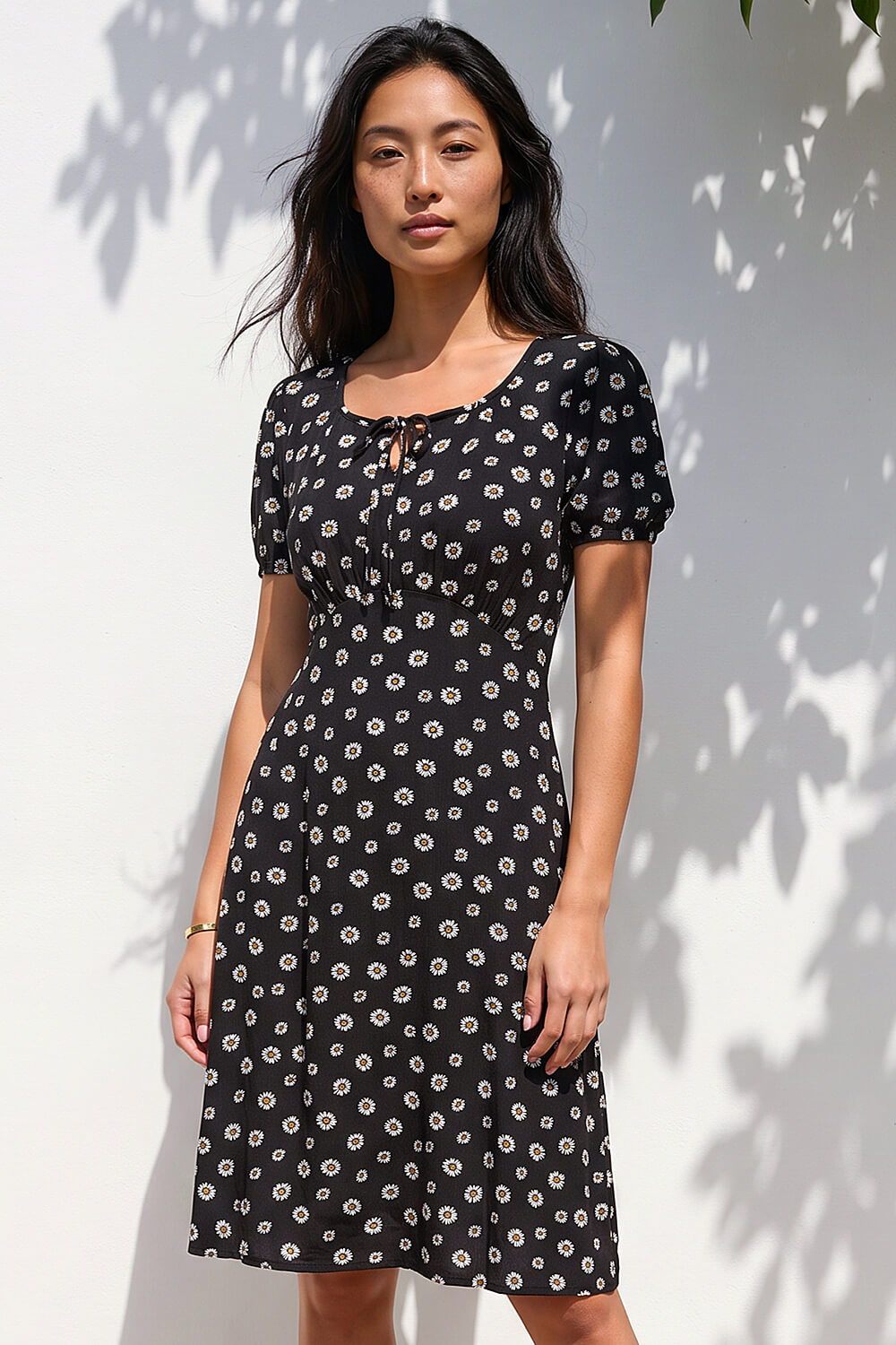Roman Petite Women's Black Ditsy Floral Tie Detail Dress Size 18