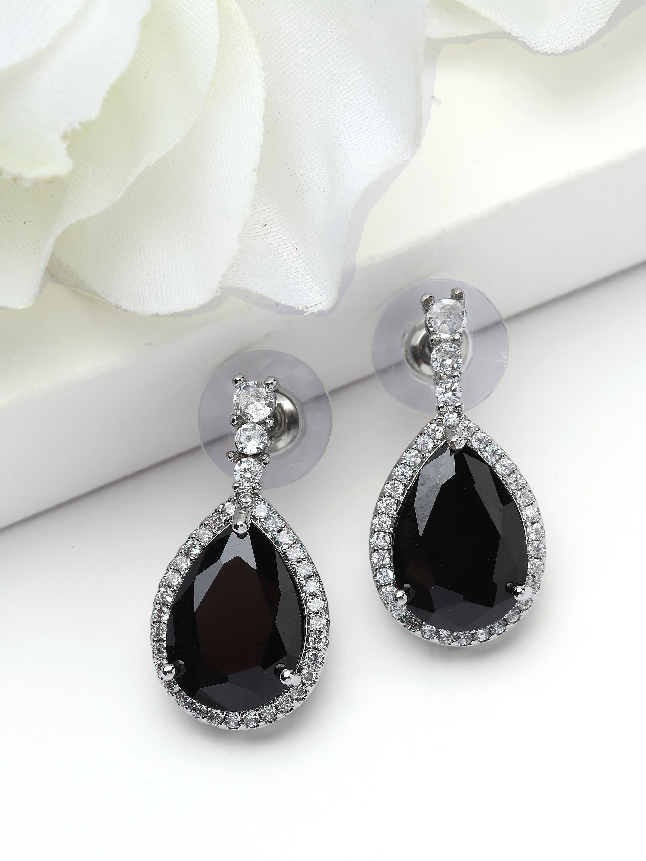 Black Halo Teardrop Sparkle Drop Earrings, Image 3 of 3