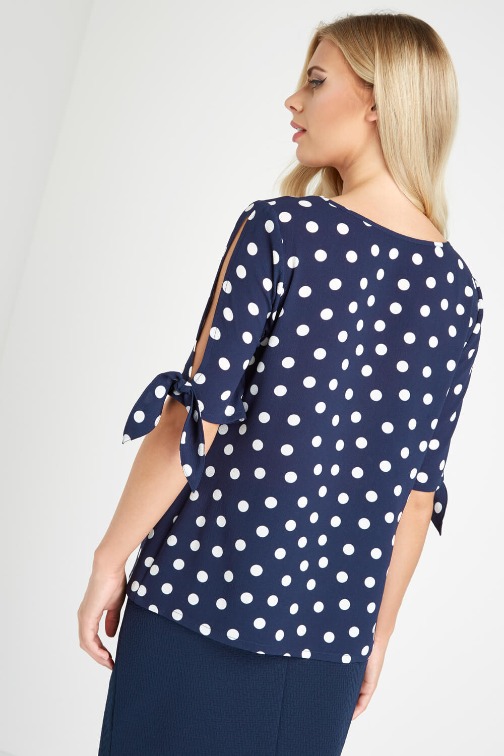 Navy Polka Dot Sleeve Tie Top, Image 3 of 5