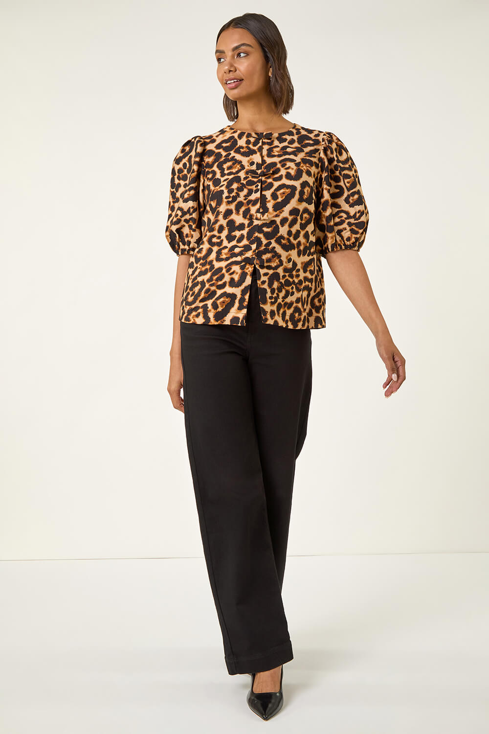 Beige Animal Print Bow Blouse, Image 3 of 5