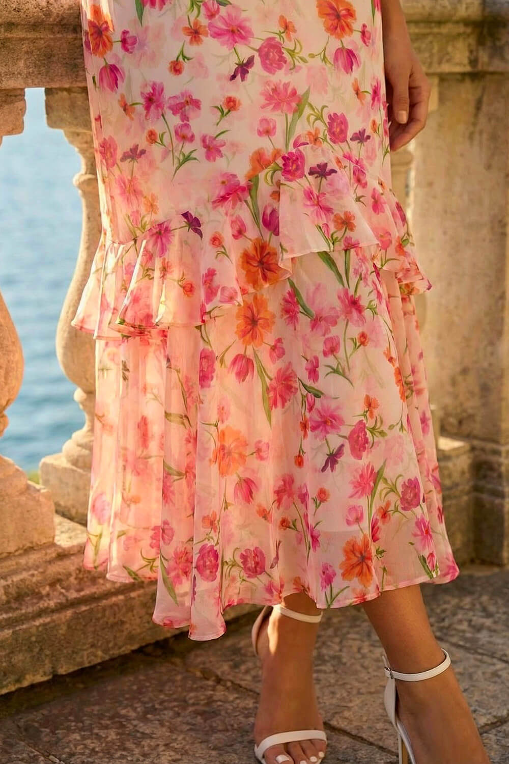 Cream Floral Print Chiffon V-Neck Midi Dress, Image 5 of 4