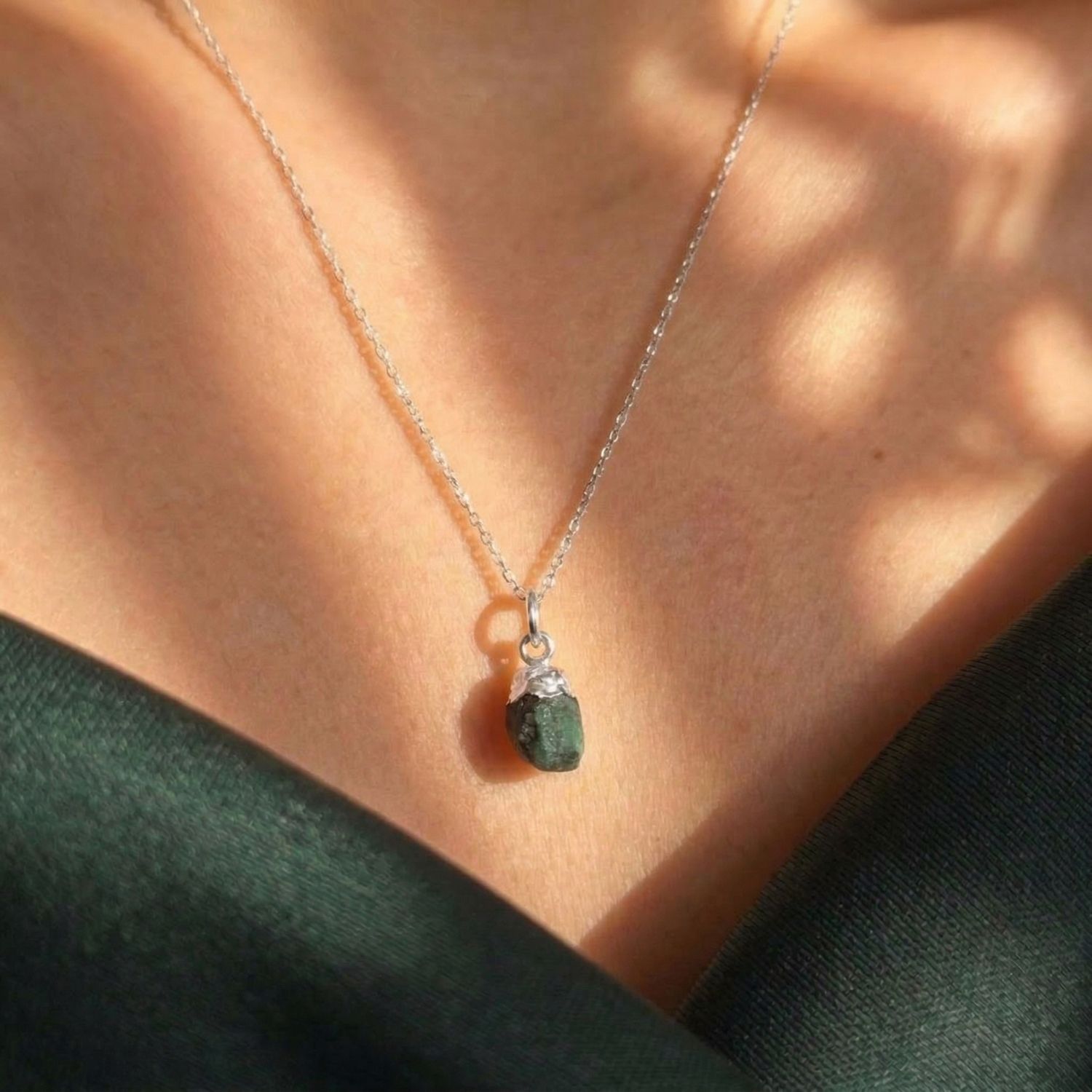 Silver Raw Emerald Sterling Silver May Birthstone Necklace, Image 3 of 4