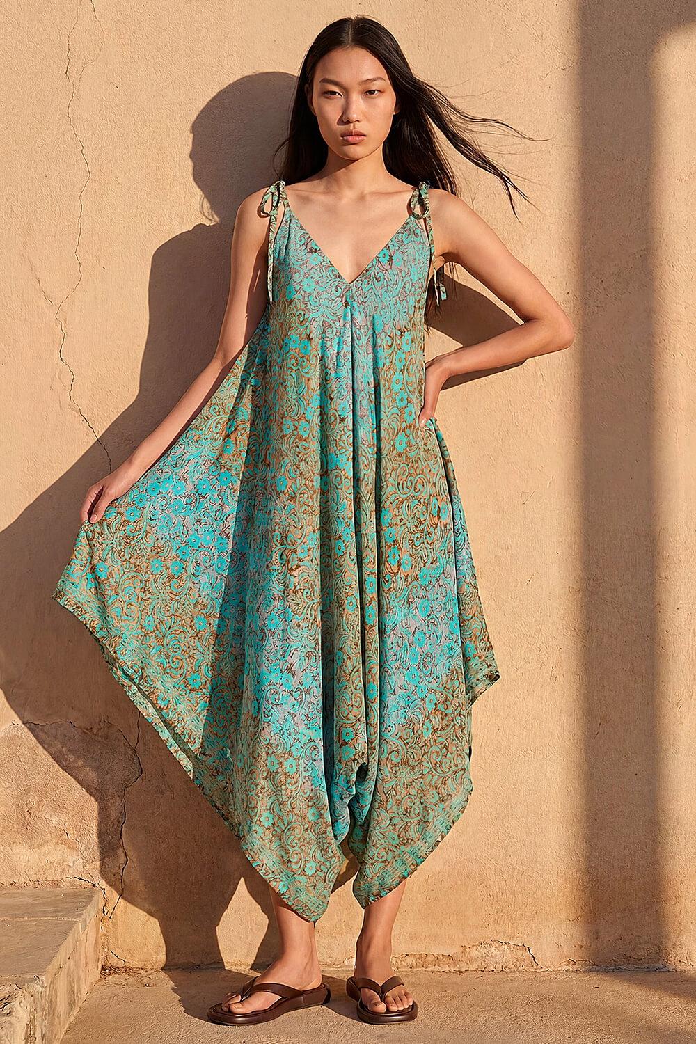 Teal Paisley Floral Pocket Slouchy Jumpsuit, Image 1 of 4