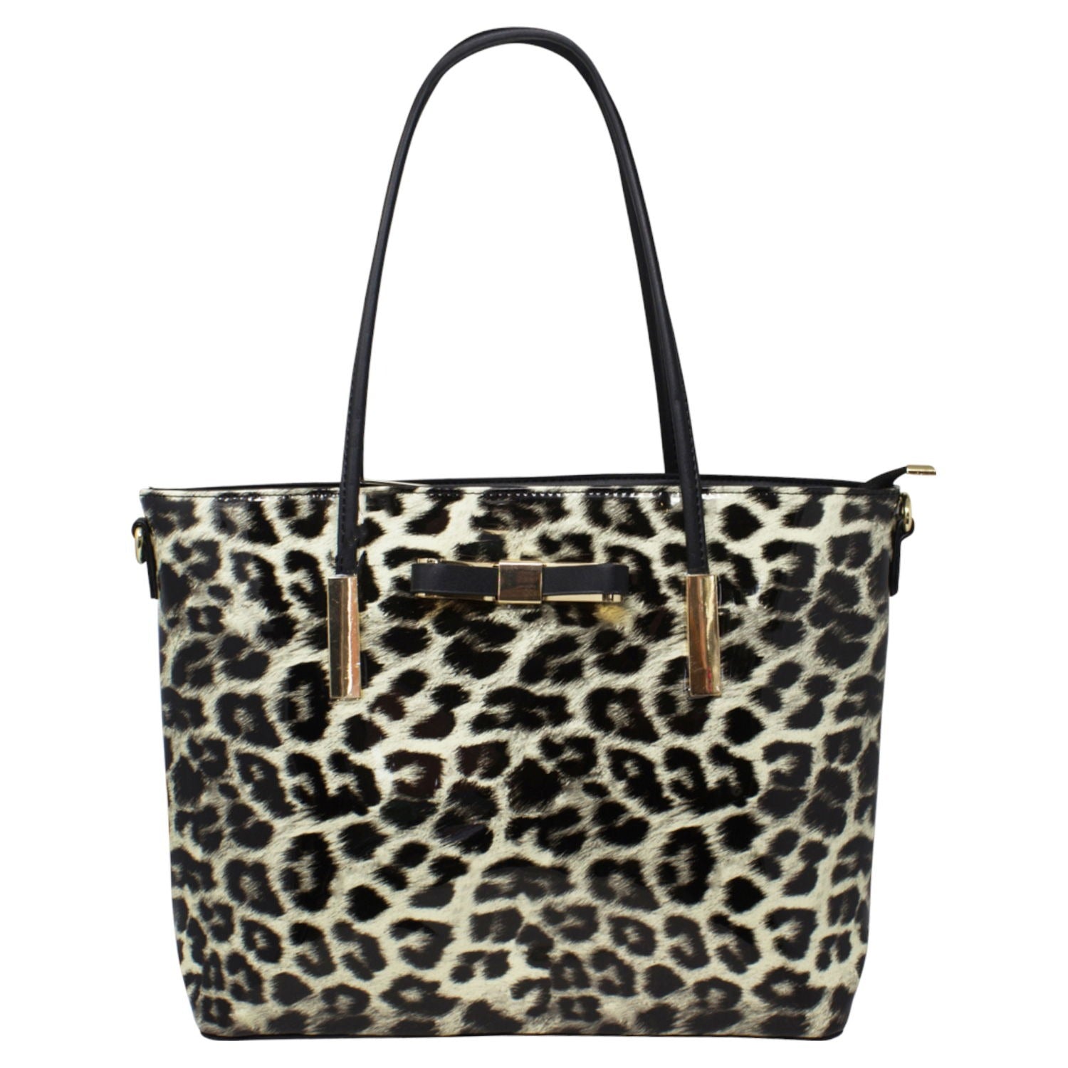 Black Patent Leopard Print Tote Bag