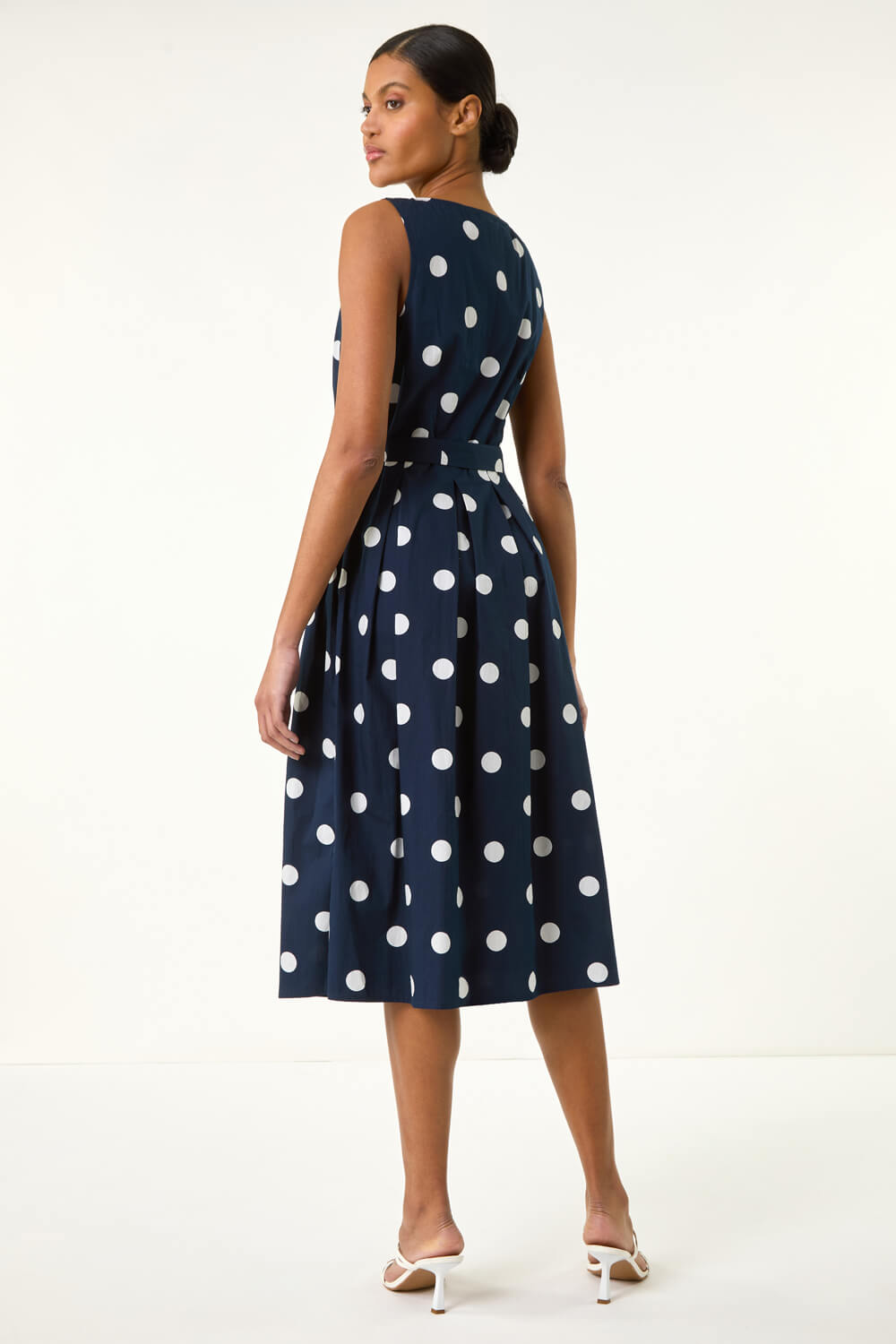 Navy Polka Dot Belted Midi Dress, Image 4 of 5