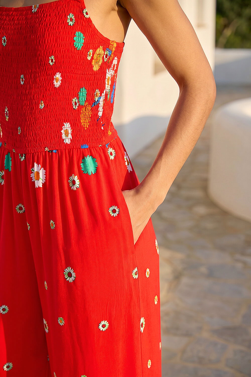 Red Floral Border Print Shirred Jumpsuit, Image 5 of 4