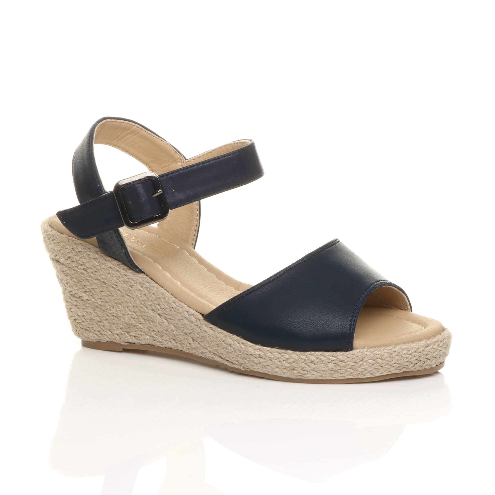 Navy Blue Mid Wedge Heel Ankle Strap Espadrille Sandals, Image 1 of 6