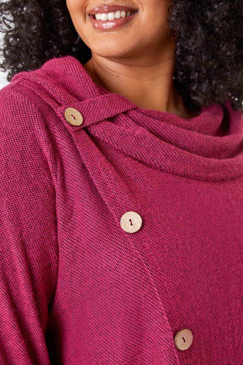 Fuchsia Curve Cowl Neck Button Wrap Top, Image 6 of 5