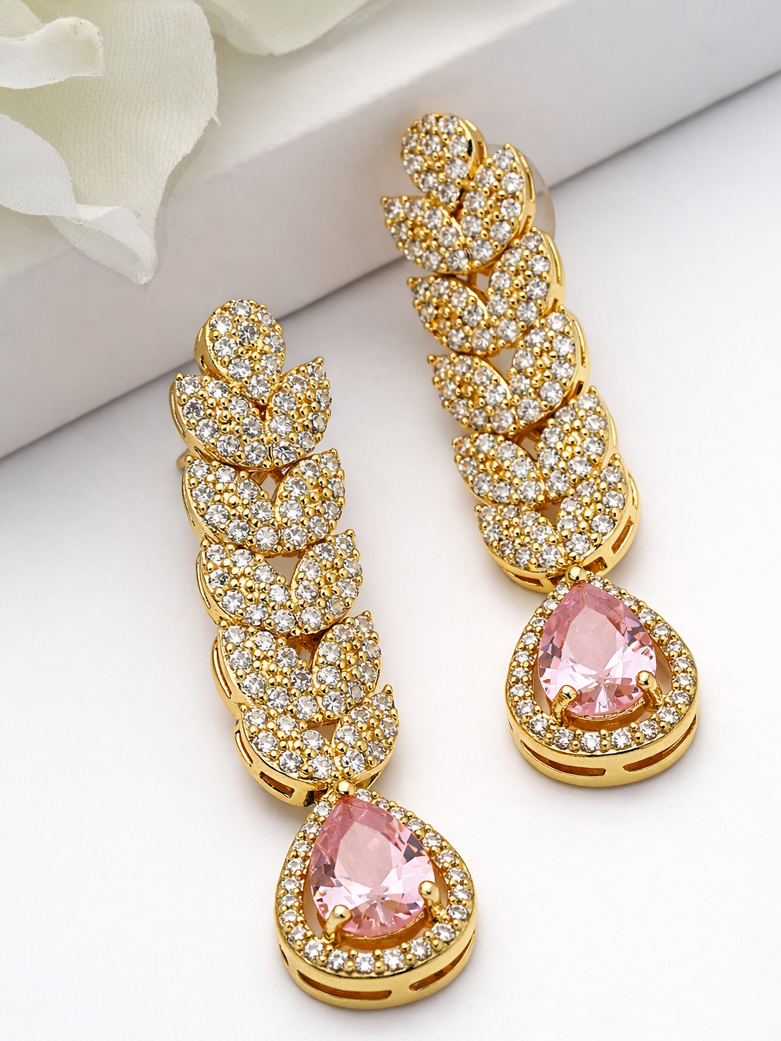 Light Pink Leaf Cascade Teardrop Statement Earrings, Image 3 of 3