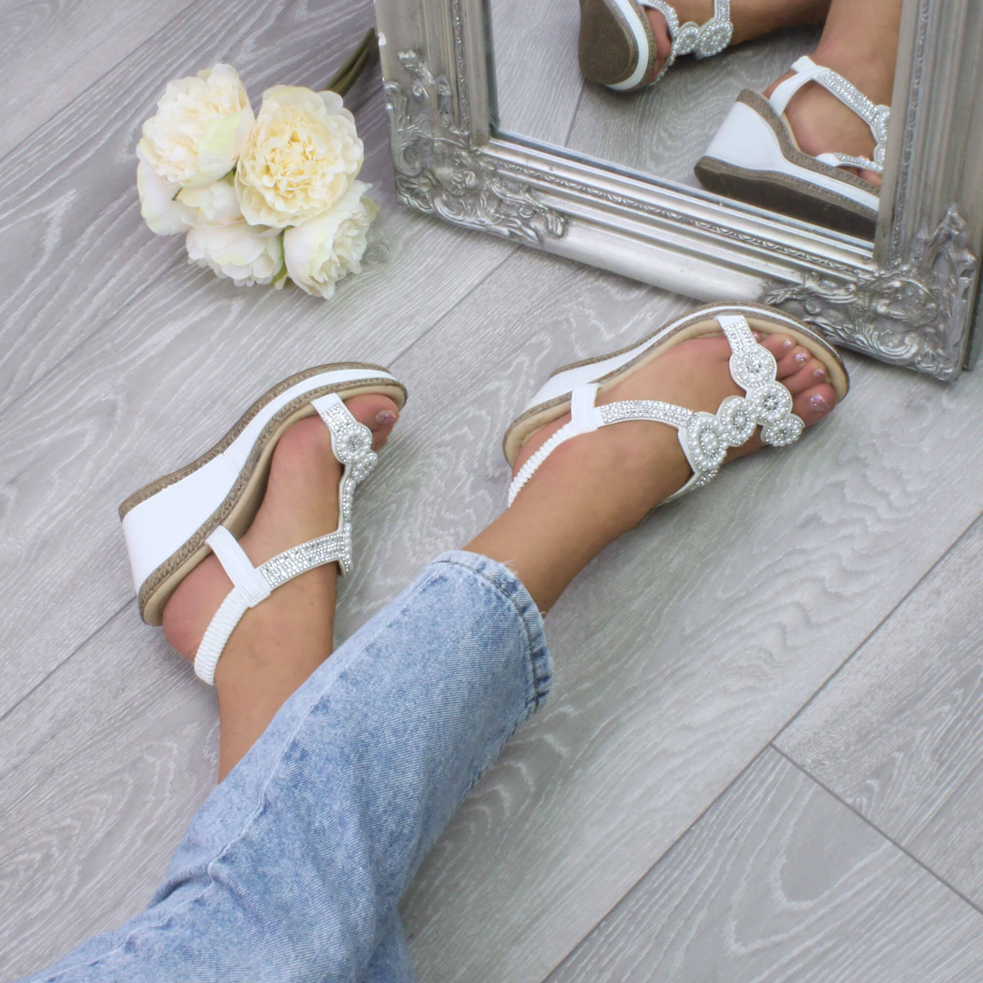 White AJVANI White High Wedge Heel Diamante T-Bar Slingback Sandals, Image 5 of 6