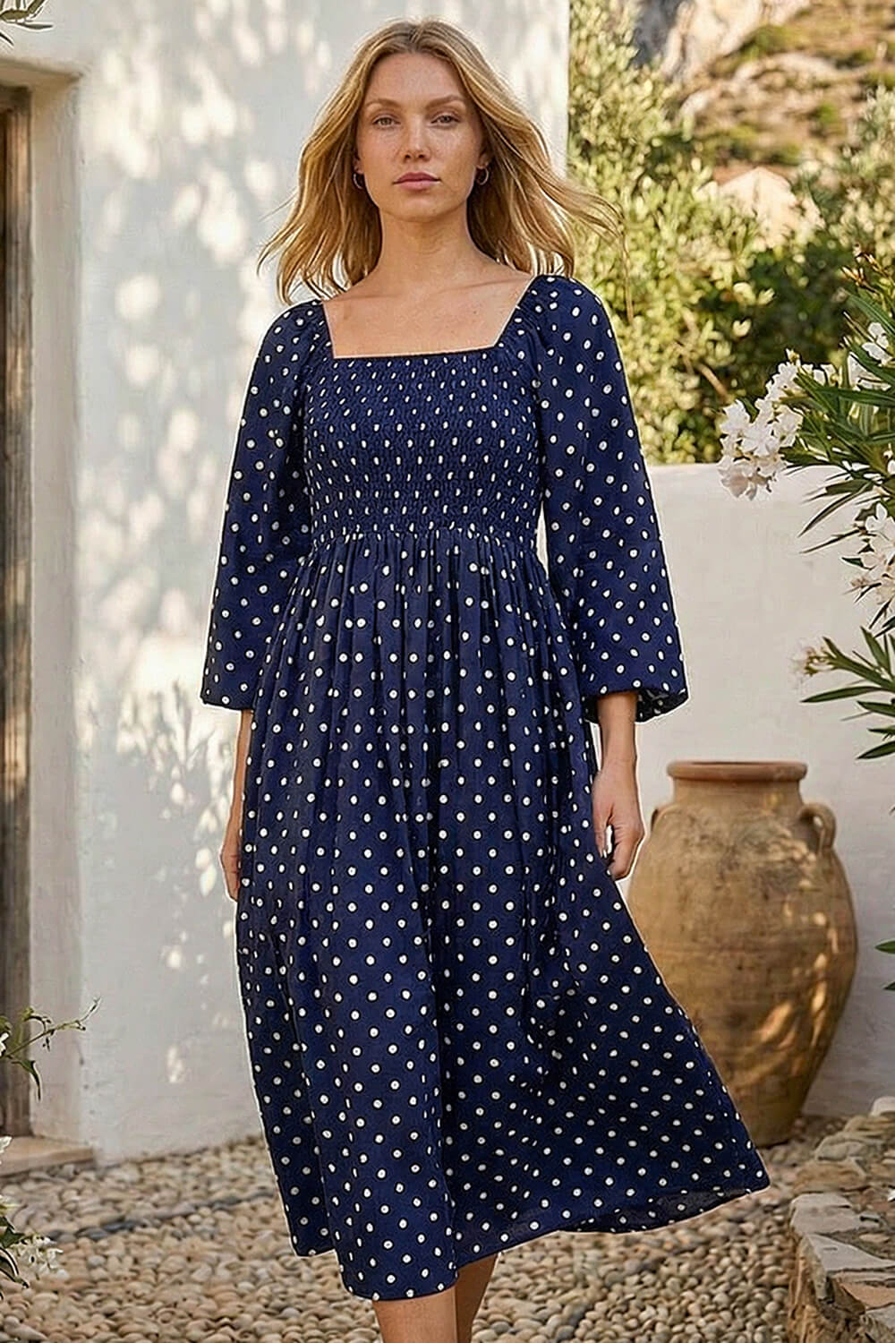 Navy Polka Dot Shirred Midi Dress, Image 3 of 4