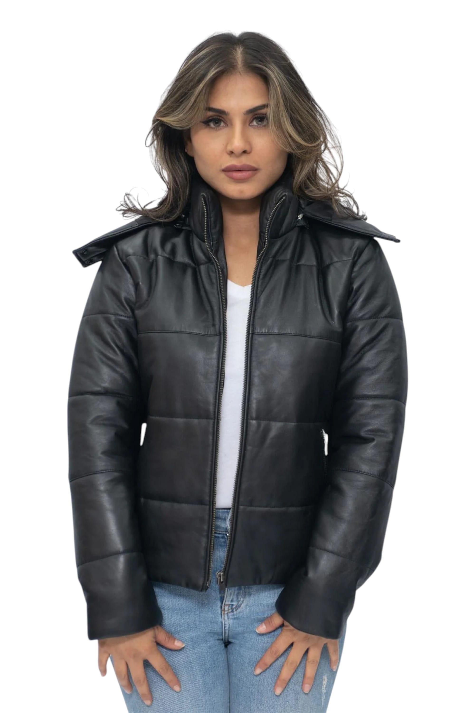 Black Womens Puffer Leather Bomber Jacket-Ajax, Image 2 of 6