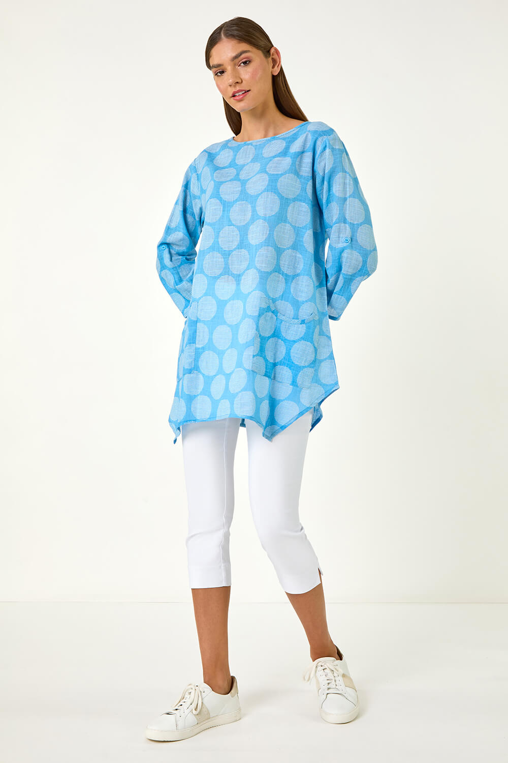 Light Denim Spot Print Longline Tunic Top, Image 3 of 5