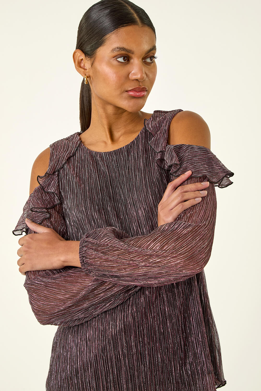 Pink Shimmer Cold Shoulder Plisse Top, Image 3 of 6